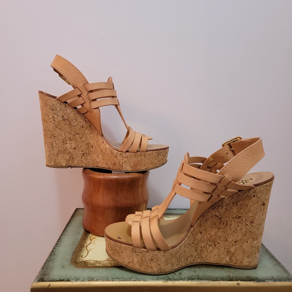 Tory Burch Tan Leather Wedge Sandal Size 7 - Picture 2 of 8